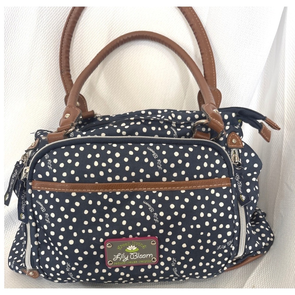Lily Bloom Navy Blue Polka Dot Satchel Handbag Eco Friendly Recycled Fabric Bag - Picture 2 of 9
